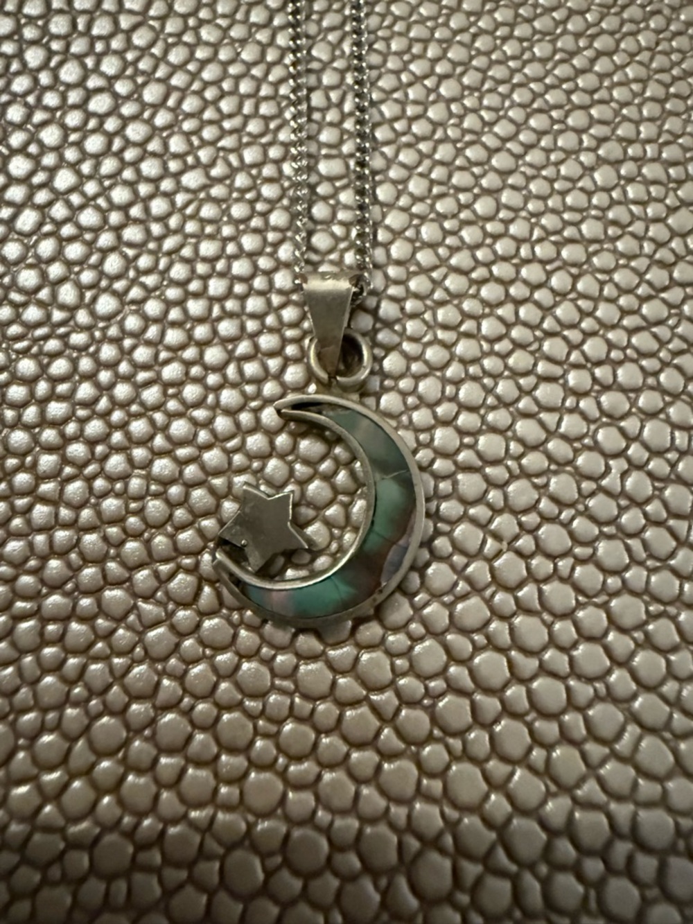 Silver tone Crescent Moon & Star Pendant Necklace with Abalone Inlay